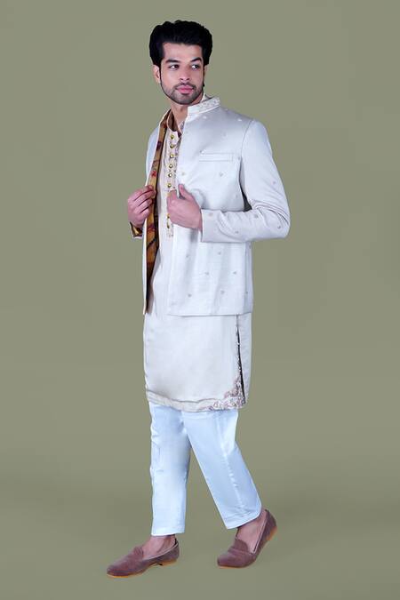 Buy_Gaurav Katta_White Italian Cotton Embroidered Pearl Nehru Jacket Set _Online_at_Aza_Fashions