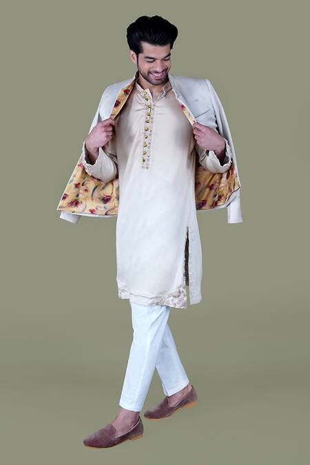 Gaurav Katta_White Italian Cotton Embroidered Pearl Nehru Jacket Set _at_Aza_Fashions