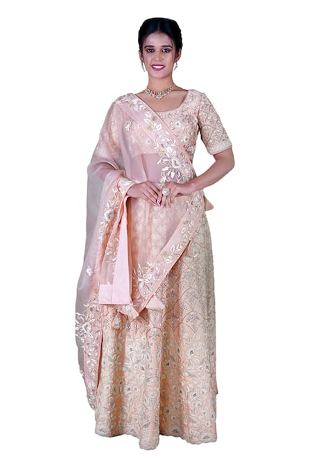Gaurav Katta_Rose Gold Cotton, Linen, Chiffon Pearls, Embroidery Anchor Blouse Lehenga Set _Online_at_Aza_Fashions