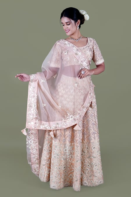 Buy_Gaurav Katta_Rose Gold Cotton, Linen, Chiffon Pearls, Embroidery Anchor Blouse Lehenga Set _Online_at_Aza_Fashions