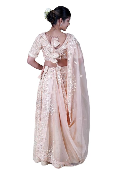 Gaurav Katta_Rose Gold Cotton, Linen, Chiffon Pearls, Embroidery Anchor Blouse Lehenga Set _at_Aza_Fashions
