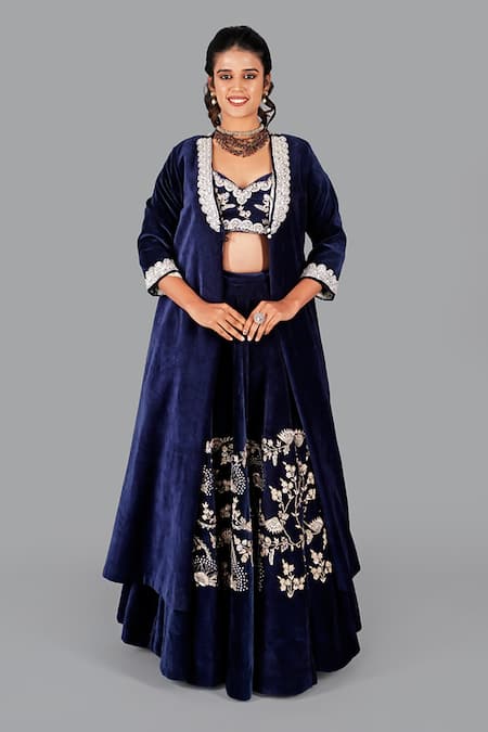 Gaurav Katta Blue Lining Cotton Embroidered Thread Jacket Open Floral Lehenga Set 