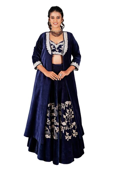 Gaurav Katta Blue Velvet, Cotton Pearls, Embroidery Floral Thread Jacket Lehenga Set Online at Aza Fashions Gaurav Katta_Blue Velvet, Cotton Pearls, Embroidery Floral Thread Jacket Lehenga Set _Online_at_Aza_Fashions