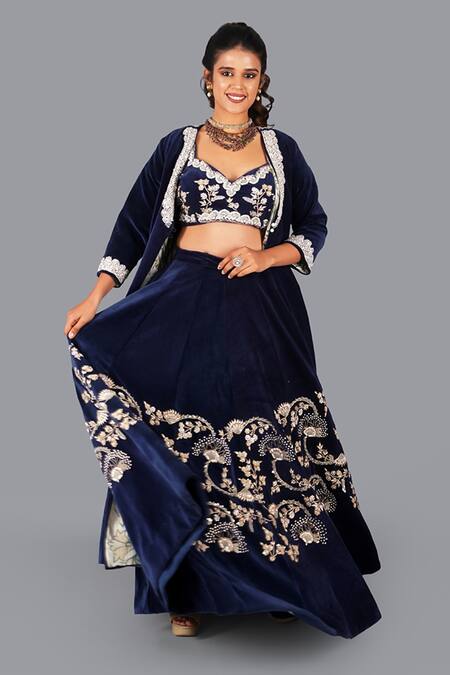 Buy_Gaurav Katta_Blue Velvet, Cotton Pearls, Embroidery Floral Thread Jacket Lehenga Set _Online_at_Aza_Fashions