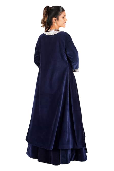 Shop Gaurav Katta Blue Velvet, Cotton Pearls, Embroidery Floral Thread Jacket Lehenga Set Online at Aza Fashions Shop_Gaurav Katta_Blue Velvet, Cotton Pearls, Embroidery Floral Thread Jacket Lehenga Set _Online_at_Aza_Fashions