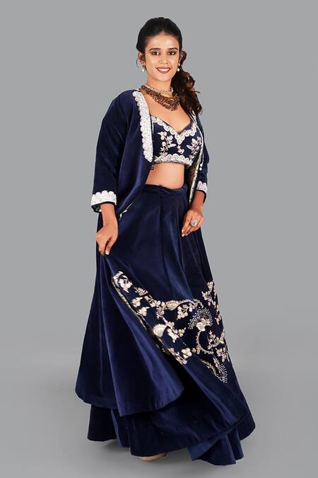 Gaurav Katta_Blue Velvet, Cotton Pearls, Embroidery Floral Thread Jacket Lehenga Set _at_Aza_Fashions