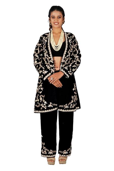 Gaurav Katta Black Velvet, Cotton Pearls, Embroidery Open Floral Thread Jacket Pant Set Online at Aza Fashions Gaurav Katta_Black Velvet, Cotton Pearls, Embroidery Open Floral Thread Jacket Pant Set _Online_at_Aza_Fashions
