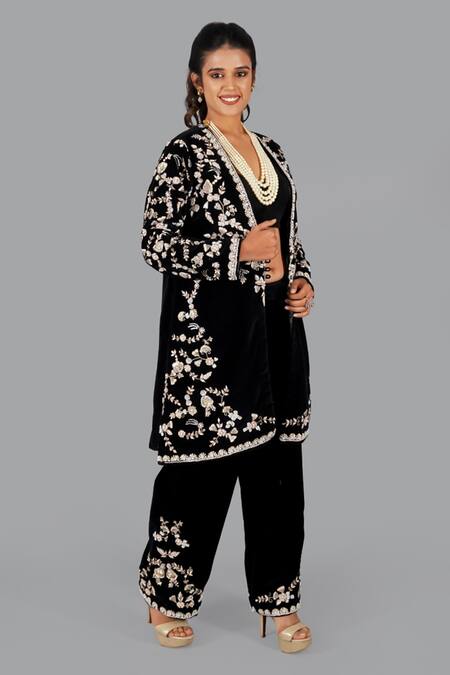 Buy_Gaurav Katta_Black Velvet, Cotton Pearls, Embroidery Open Floral Thread Jacket Pant Set _Online_at_Aza_Fashions