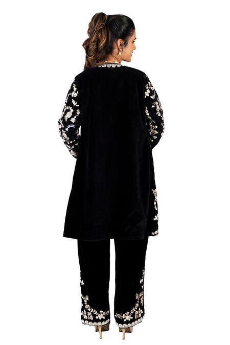 Shop Gaurav Katta Black Velvet, Cotton Pearls, Embroidery Open Floral Thread Jacket Pant Set Online at Aza Fashions Shop_Gaurav Katta_Black Velvet, Cotton Pearls, Embroidery Open Floral Thread Jacket Pant Set _Online_at_Aza_Fashions