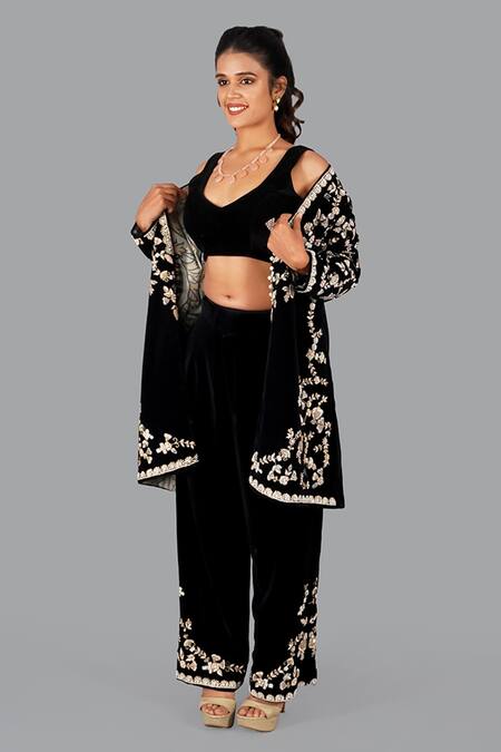 Buy_Gaurav Katta_Black Velvet, Cotton Pearls, Embroidery Open Floral Thread Jacket Pant Set 