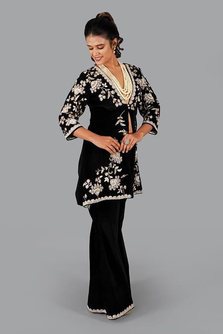 Buy_Gaurav Katta_Black Velvet, Cotton Pearls, Embroidery Open Neck Embellished Jacket Pant Set _Online_at_Aza_Fashions