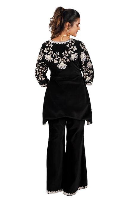 Shop_Gaurav Katta_Black Velvet, Cotton Pearls, Embroidery Open Neck Embellished Jacket Pant Set _Online_at_Aza_Fashions