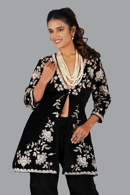 Gaurav Katta_Black Velvet, Cotton Pearls, Embroidery Open Neck Embellished Jacket Pant Set _at_Aza_Fashions