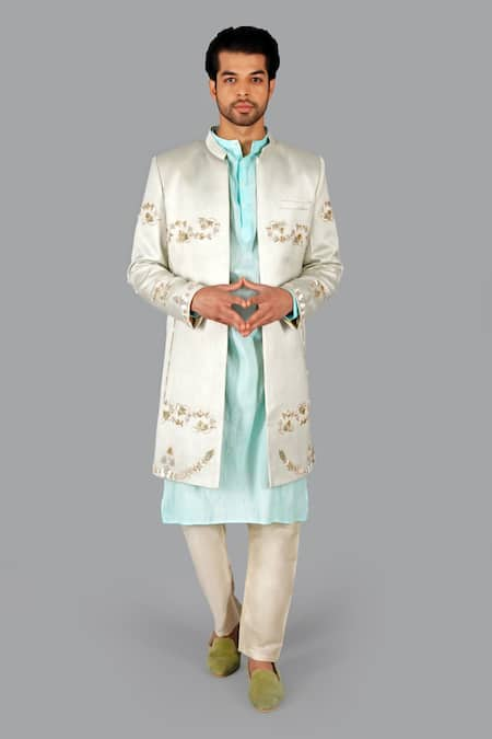 Gaurav Katta Floral Thread Embroidered Open Sherwani Pant Set 