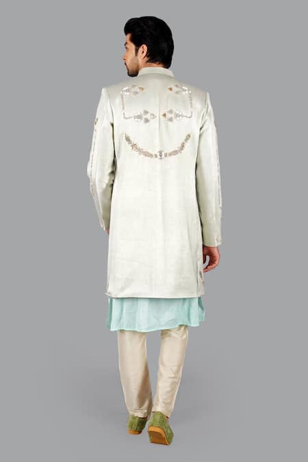 Gaurav Katta Floral Thread Embroidered Open Sherwani Pant Set 