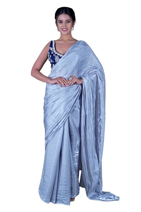Gaurav Katta_Silver Satin, Cotton, Silk Pearls, Metallic Saree With Embellished Blouse _Online_at_Aza_Fashions