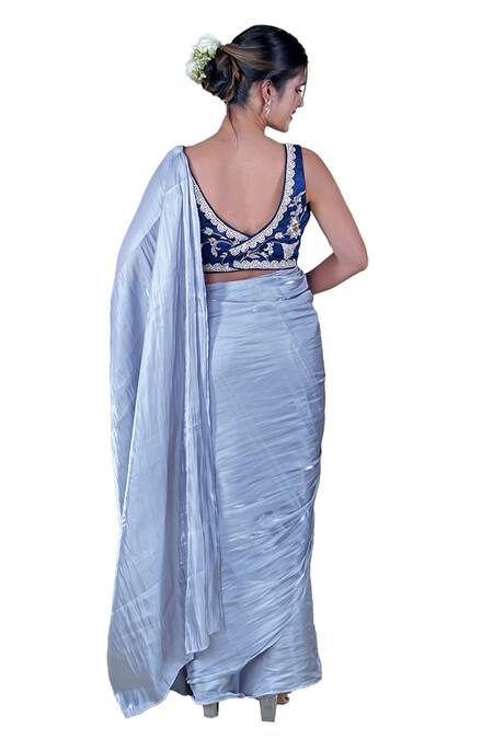 Shop_Gaurav Katta_Silver Satin, Cotton, Silk Pearls, Metallic Saree With Embellished Blouse _Online_at_Aza_Fashions