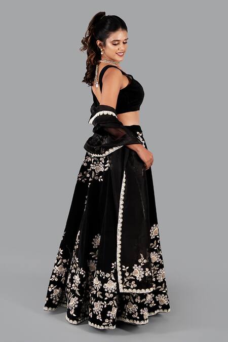 Shop_Gaurav Katta_Black Velvet, Cotton Pearls, Embroidery V-neck Embellished Lehenga Set _Online_at_Aza_Fashions