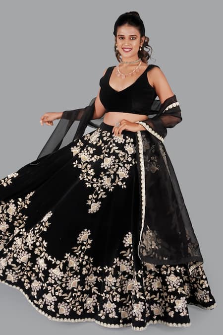 Gaurav Katta_Black Velvet, Cotton Pearls, Embroidery V-neck Embellished Lehenga Set _at_Aza_Fashions