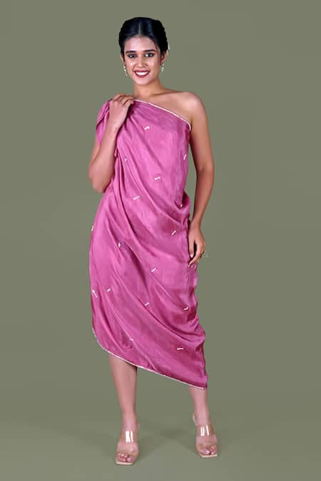 Gaurav Katta_Purple Satin, Silk, Viscose Pearls One Shoulder, Asymmetric Embellished Dress _Online_at_Aza_Fashions