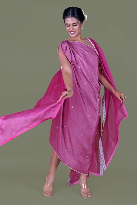Gaurav Katta_Purple Satin, Silk, Viscose Pearls One Shoulder, Asymmetric Embellished Dress _at_Aza_Fashions