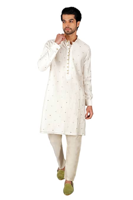 Gaurav Katta Off White Chanderi, Cotton Gota Patti Embroidered Kurta And Aligadi Pant Set Online at Aza Fashions Gaurav Katta_Off White Chanderi, Cotton Gota Patti Embroidered Kurta And Aligadi Pant Set _Online_at_Aza_Fashions
