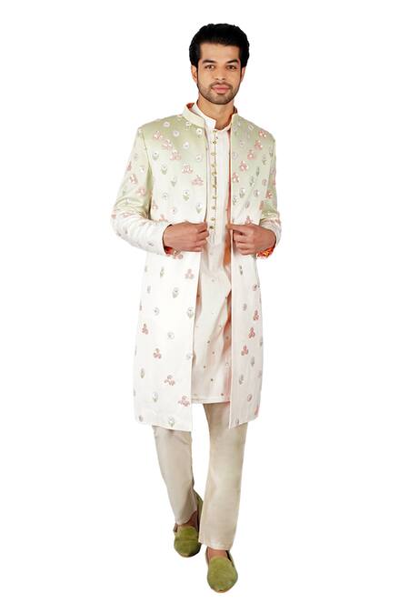 Gaurav Katta_Green Italian Cotton Embroidered Sequins Sherwani Set _Online_at_Aza_Fashions