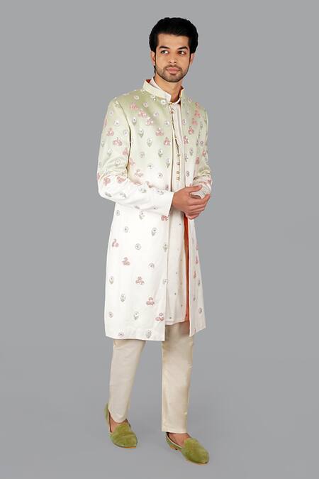 Buy_Gaurav Katta_Green Italian Cotton Embroidered Sequins Sherwani Set _Online_at_Aza_Fashions