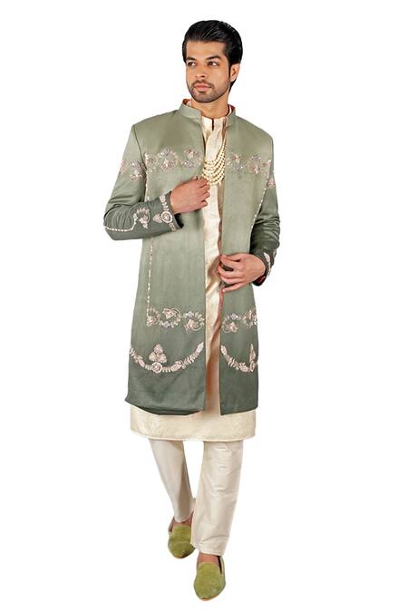 Gaurav Katta Green Italian Cotton Hand Embroidered Anchor Sherwani Set Online at Aza Fashions Gaurav Katta_Green Italian Cotton Hand Embroidered Anchor Sherwani Set _Online_at_Aza_Fashions
