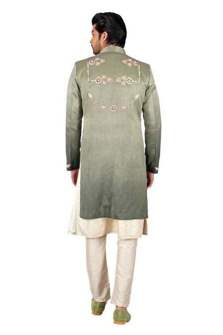 Buy Gaurav Katta Green Italian Cotton Hand Embroidered Anchor Sherwani Set Online at Aza Fashions Buy_Gaurav Katta_Green Italian Cotton Hand Embroidered Anchor Sherwani Set _Online_at_Aza_Fashions