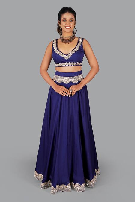 Gaurav Katta_Blue Cotton, Linen, Silk, Chiffon Pearls Embroidered Blouse Lehenga Set _Online_at_Aza_Fashions