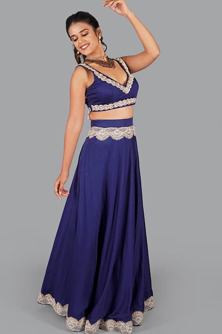 Buy_Gaurav Katta_Blue Cotton, Linen, Silk, Chiffon Pearls Embroidered Blouse Lehenga Set _Online_at_Aza_Fashions