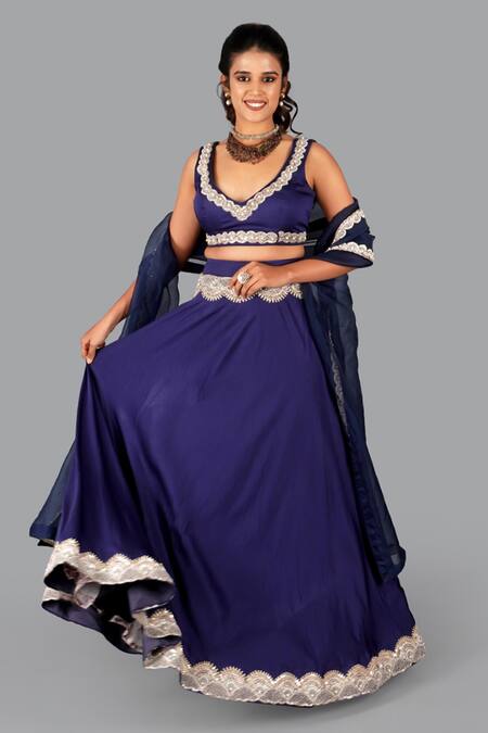 Buy_Gaurav Katta_Blue Cotton, Linen, Silk, Chiffon Pearls Embroidered Blouse Lehenga Set 