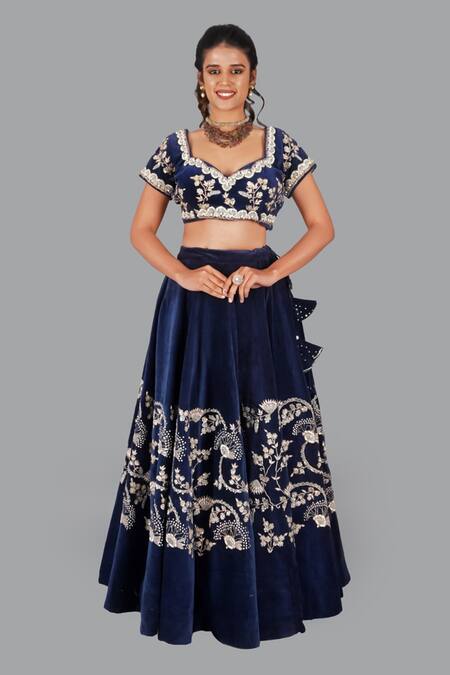 Gaurav Katta_Blue Velvet, Cotton, Chiffon Pearls, Embroidery Sweetheart Blouse Lehenga Set _Online_at_Aza_Fashions