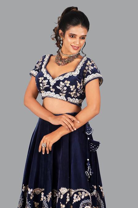 Buy_Gaurav Katta_Blue Velvet, Cotton, Chiffon Pearls, Embroidery Sweetheart Blouse Lehenga Set _Online_at_Aza_Fashions