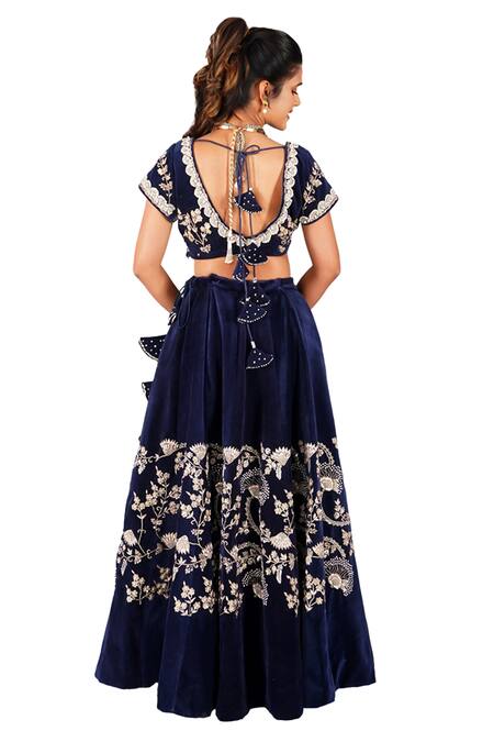 Shop Gaurav Katta Blue Velvet, Cotton, Chiffon Pearls, Embroidery Sweetheart Blouse Lehenga Set Online at Aza Fashions Shop_Gaurav Katta_Blue Velvet, Cotton, Chiffon Pearls, Embroidery Sweetheart Blouse Lehenga Set _Online_at_Aza_Fashions