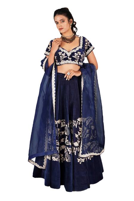 Gaurav Katta Blue Velvet, Cotton, Chiffon Pearls, Embroidery Sweetheart Blouse Lehenga Set at Aza Fashions Gaurav Katta_Blue Velvet, Cotton, Chiffon Pearls, Embroidery Sweetheart Blouse Lehenga Set _at_Aza_Fashions