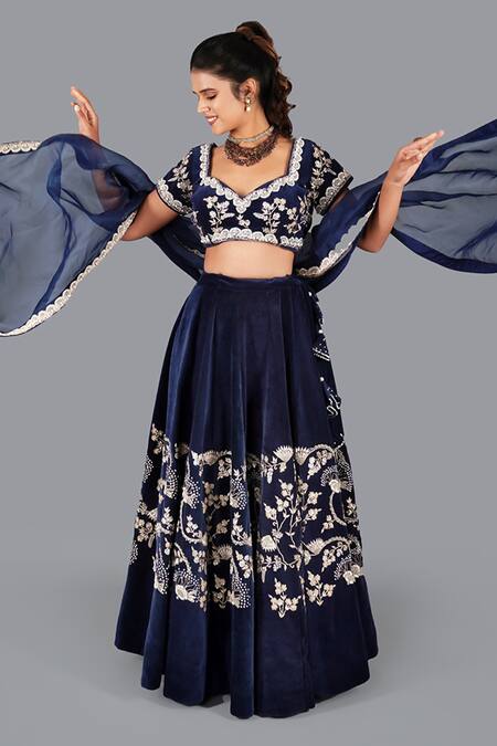 Buy_Gaurav Katta_Blue Velvet, Cotton, Chiffon Pearls, Embroidery Sweetheart Blouse Lehenga Set 
