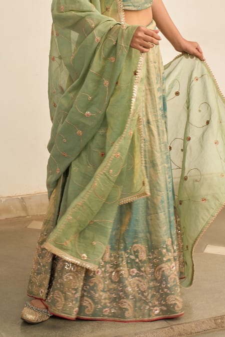 Apeksha Jain Label_Green Tissue Zari, Gota Patti Round Neck Nayab Zardozi Embroidered Lehenga Set _Online_at_Aza_Fashions