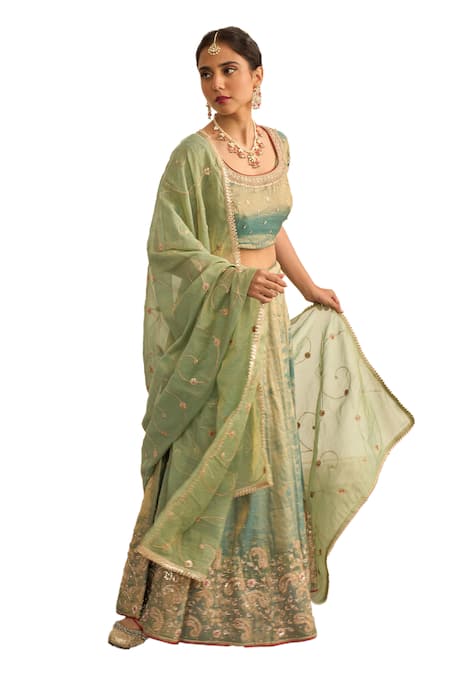 Buy_Apeksha Jain Label_Green Tissue Zari, Gota Patti Round Neck Nayab Zardozi Embroidered Lehenga Set _Online_at_Aza_Fashions