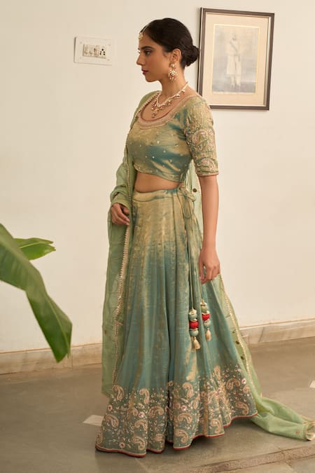 Shop_Apeksha Jain Label_Green Tissue Zari, Gota Patti Round Neck Nayab Zardozi Embroidered Lehenga Set _Online_at_Aza_Fashions