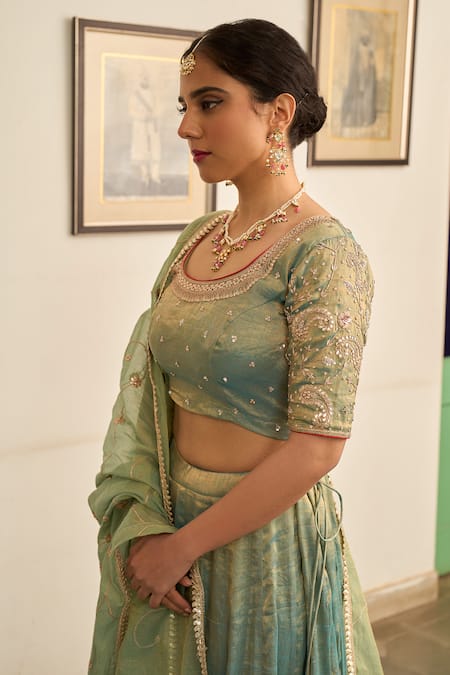 Apeksha Jain Label_Green Tissue Zari, Gota Patti Round Neck Nayab Zardozi Embroidered Lehenga Set _at_Aza_Fashions