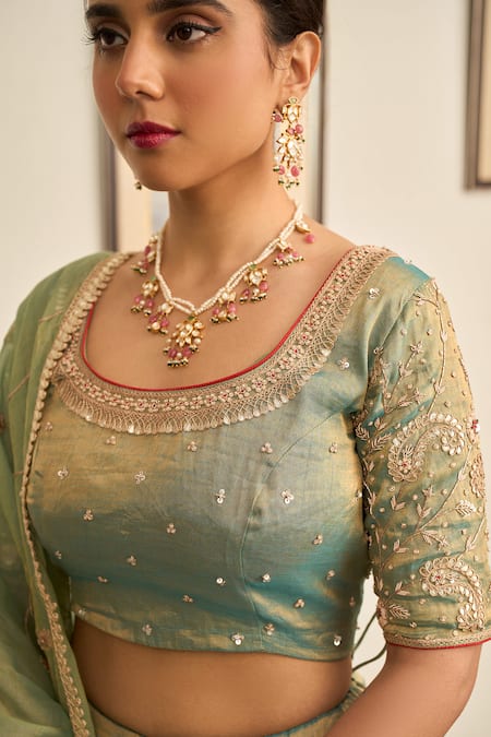 Buy_Apeksha Jain Label_Green Tissue Zari, Gota Patti Round Neck Nayab Zardozi Embroidered Lehenga Set 