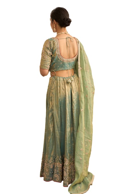 Shop_Apeksha Jain Label_Green Tissue Zari, Gota Patti Round Neck Nayab Zardozi Embroidered Lehenga Set 