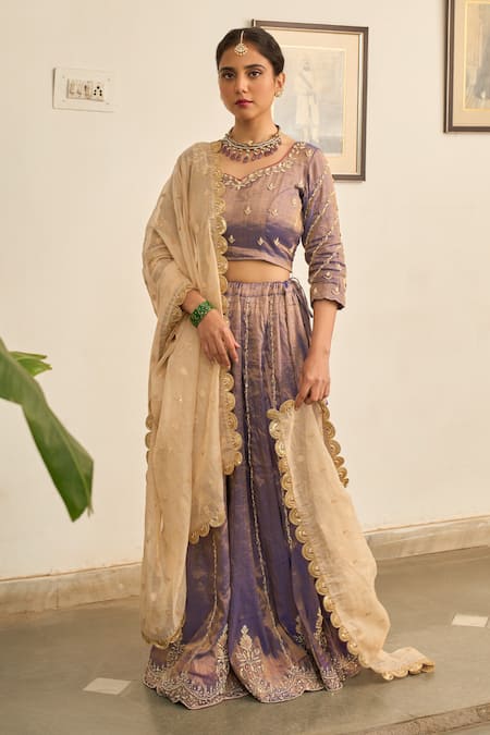 Apeksha Jain Label Purple Tissue Embroidered Zardozi Leaf Jamuni Floral Lehenga Set 