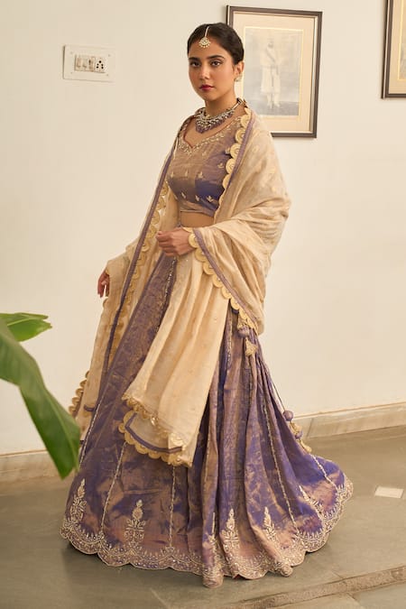 Buy_Apeksha Jain Label_Purple Tissue Zari, Gota Patti Jamuni Zardozi Floral Embroidered Lehenga Set _Online_at_Aza_Fashions