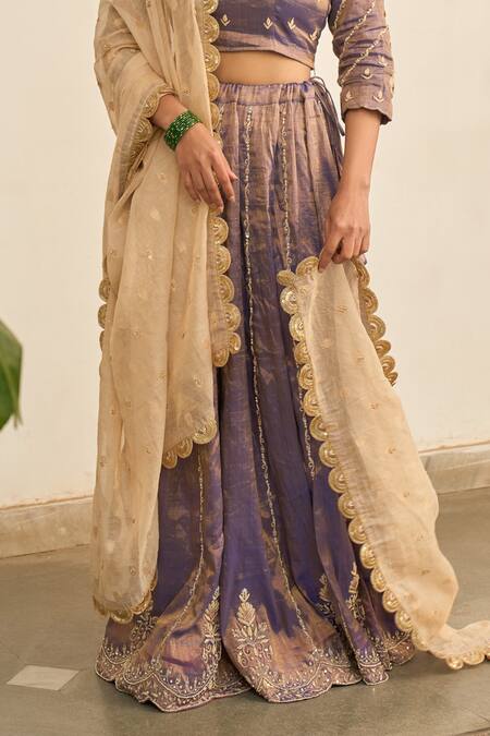 Shop_Apeksha Jain Label_Purple Tissue Zari, Gota Patti Jamuni Zardozi Floral Embroidered Lehenga Set _Online_at_Aza_Fashions