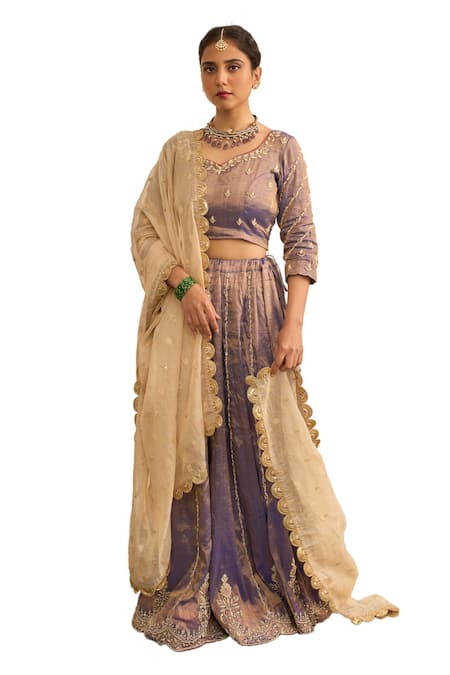 Apeksha Jain Label_Purple Tissue Zari, Gota Patti Jamuni Zardozi Floral Embroidered Lehenga Set _at_Aza_Fashions