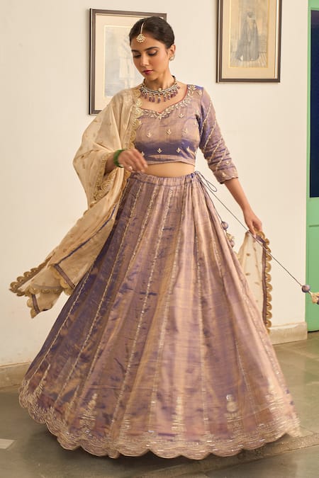 Buy_Apeksha Jain Label_Purple Tissue Zari, Gota Patti Jamuni Zardozi Floral Embroidered Lehenga Set 