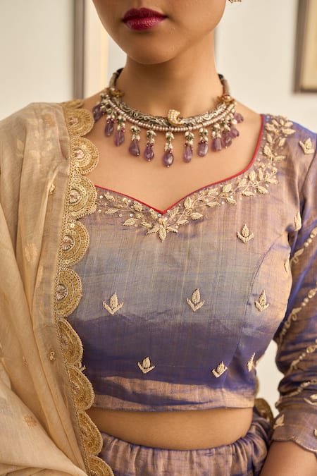Shop_Apeksha Jain Label_Purple Tissue Zari, Gota Patti Jamuni Zardozi Floral Embroidered Lehenga Set 
